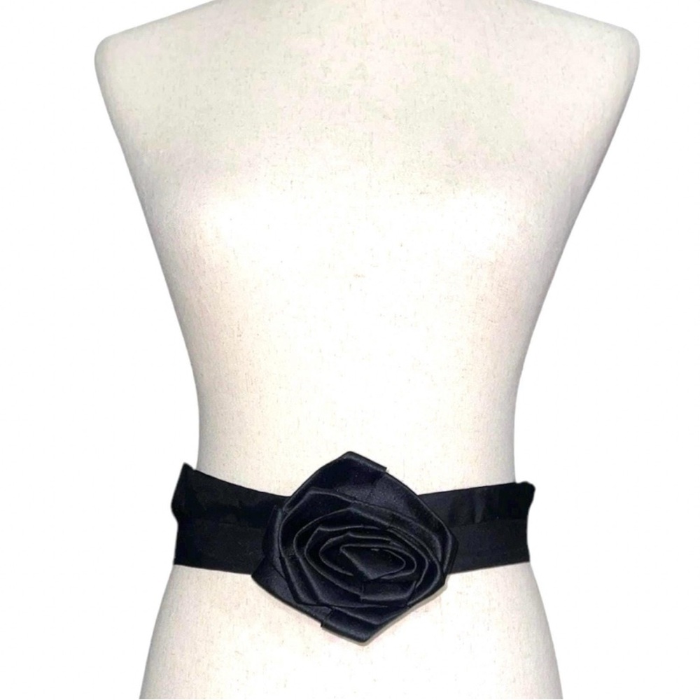 Donna Karan Black Silk Satin Rose Sash Belt
